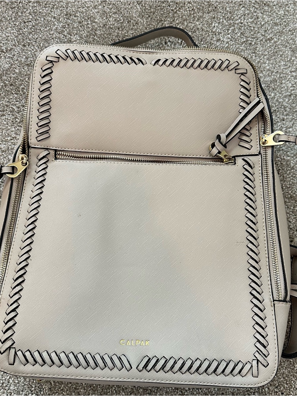 Calpak Beige Leather Backpack Tote with Woven Trim